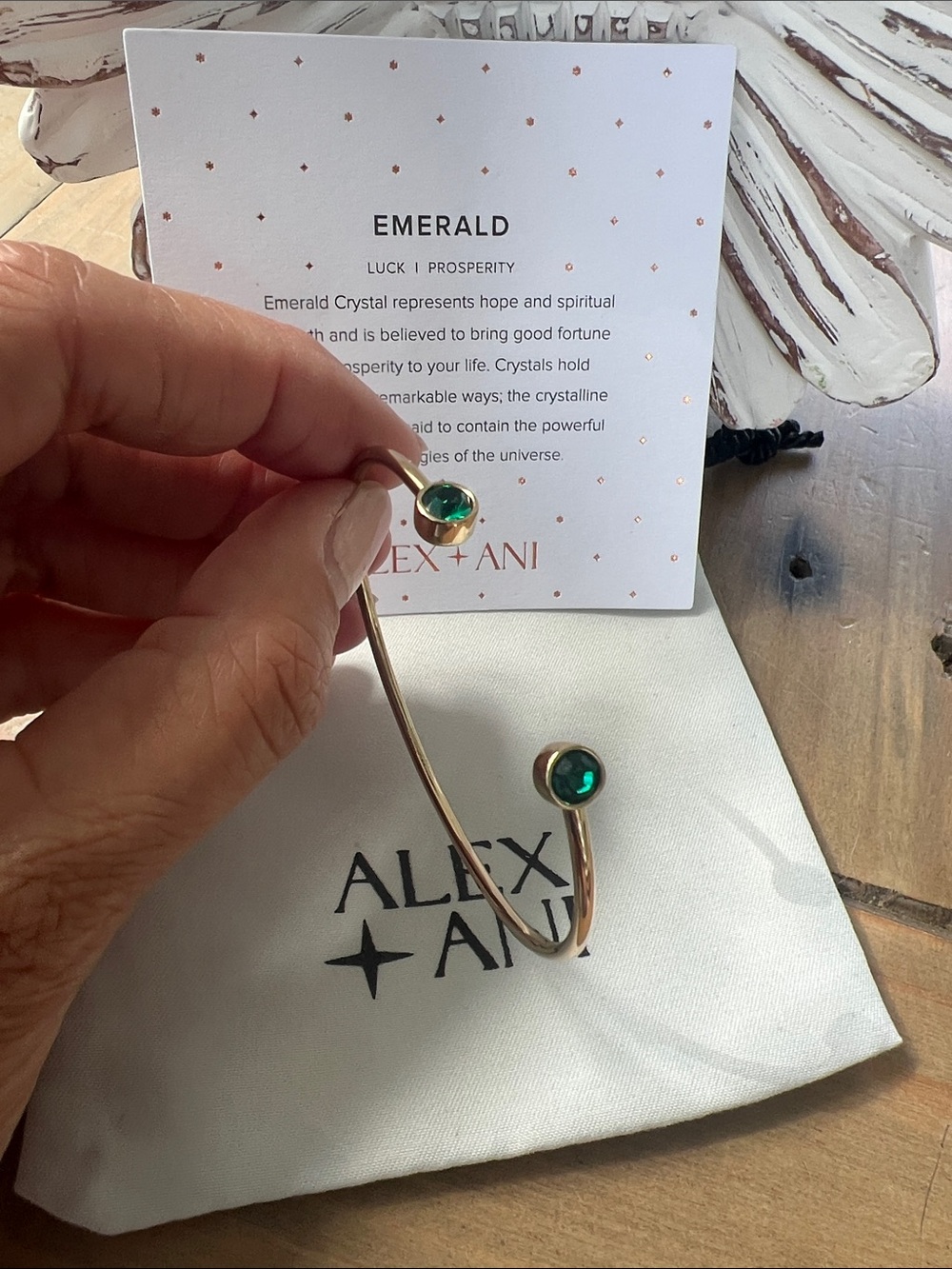 New- Alex and Ani Gold Open Flex Cuff Bracelet with Emerald Green Crystals